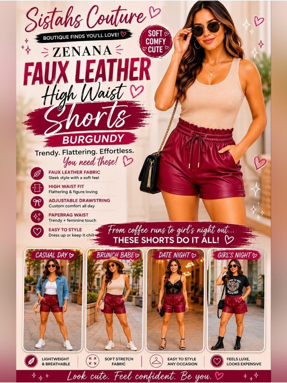🔥 ZENANA Faux Leather High Waist Shorts | Burgundy Boutique Shorts ✨